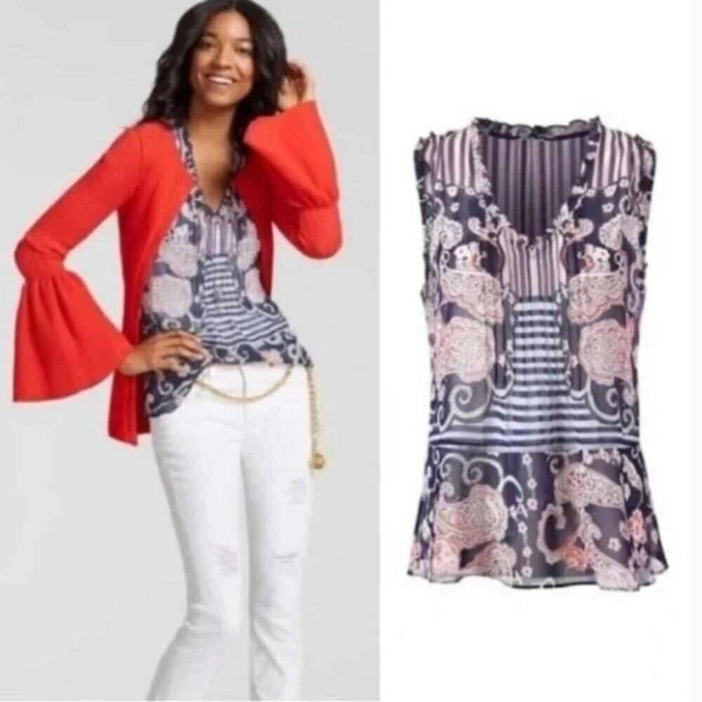 CAbi Floral Paisley Tank Top Blouse Size XS Patriotic Red White Blue Sheer 5349